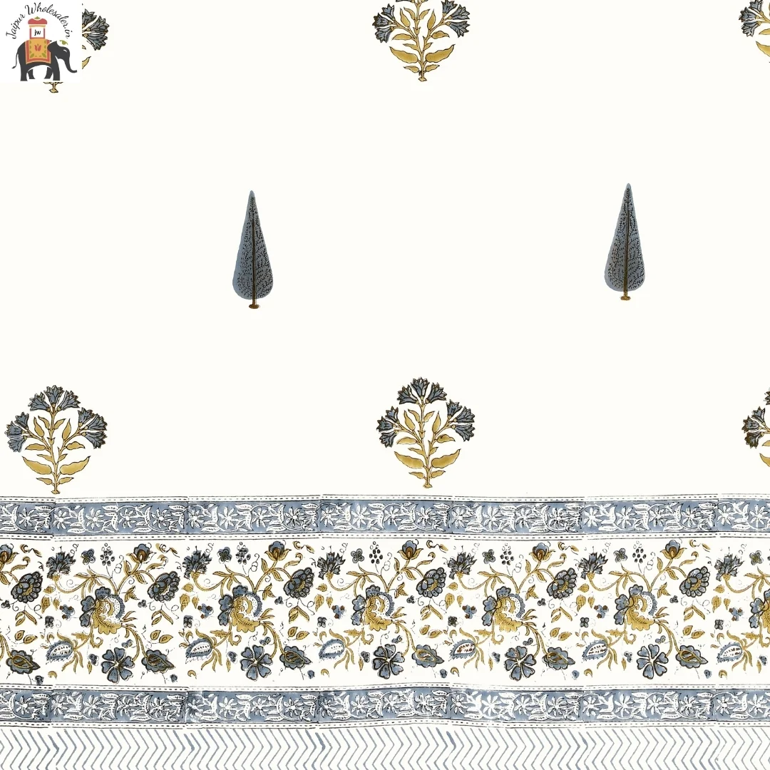 Sanganeri Blue Floral Hand Block Print Cotton Curtains-Jaipur Wholesaler