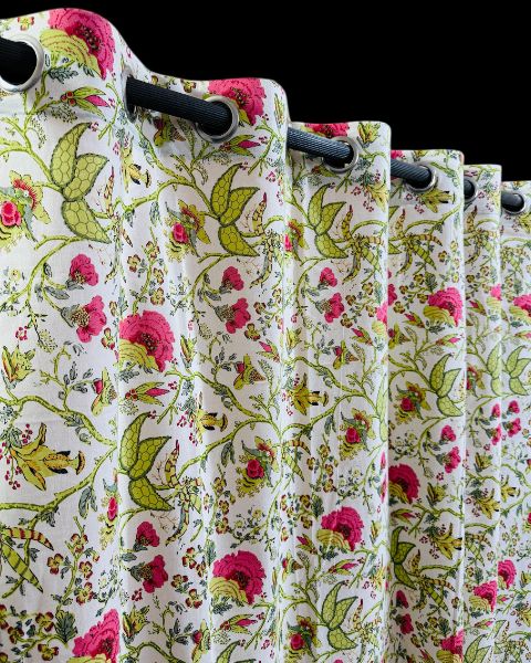 Green and Pink Printed White Curtains-Jaipur Wholesaler
