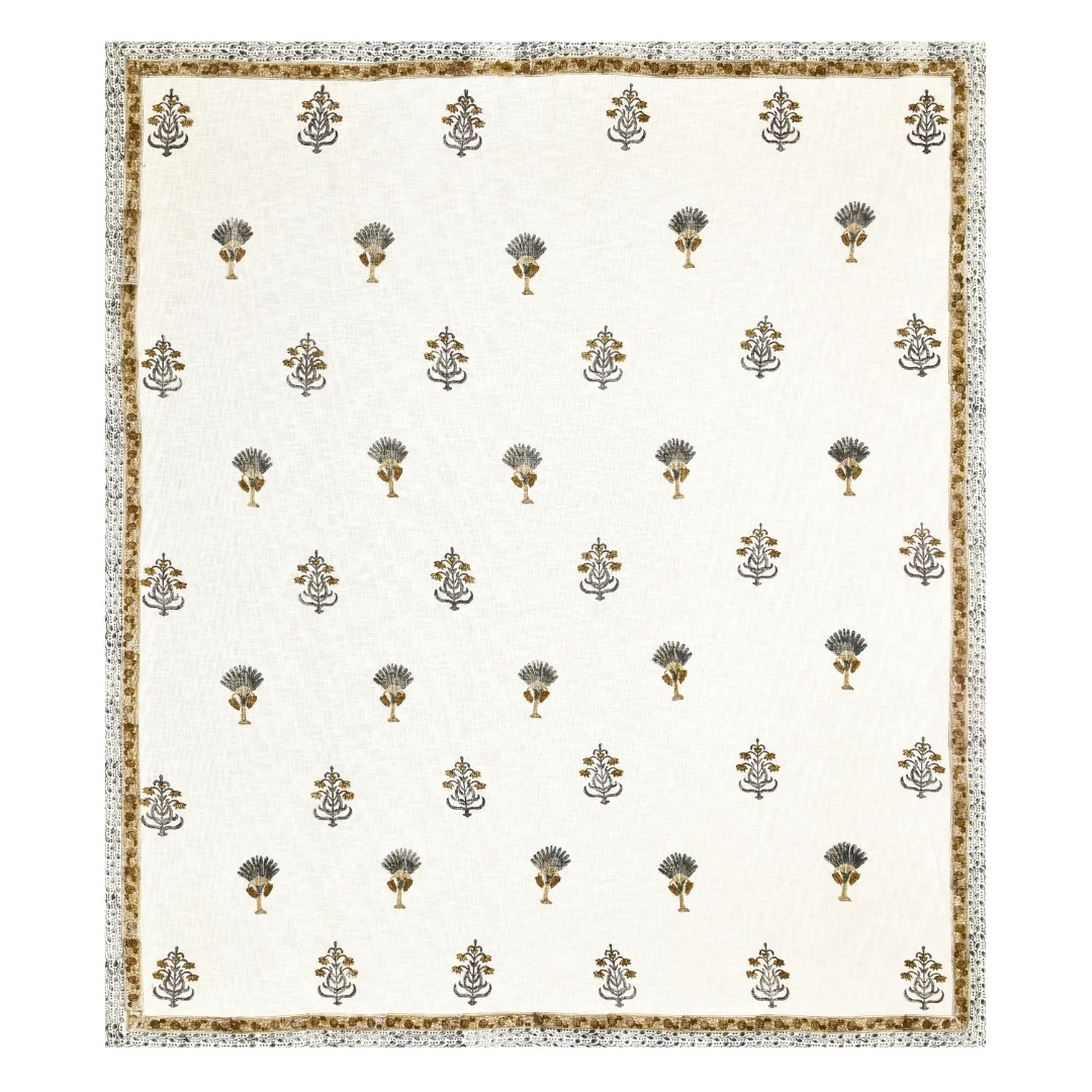Blue Golden Flower Hand Block Printed Cotton Bedcover-Jaipur Wholesaler
