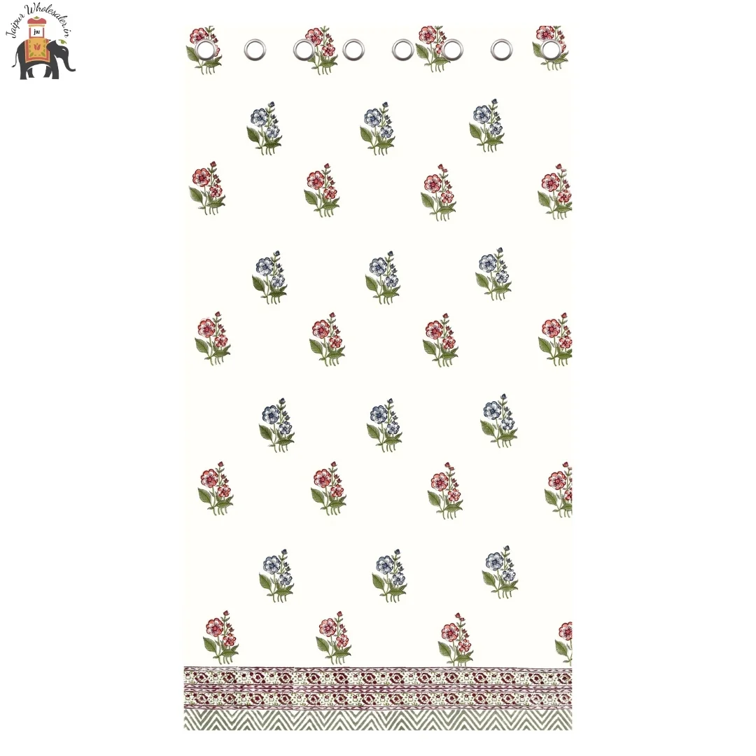 Pink And Blue Floral Hand Block Print Cotton Curtains-Jaipur Wholesaler