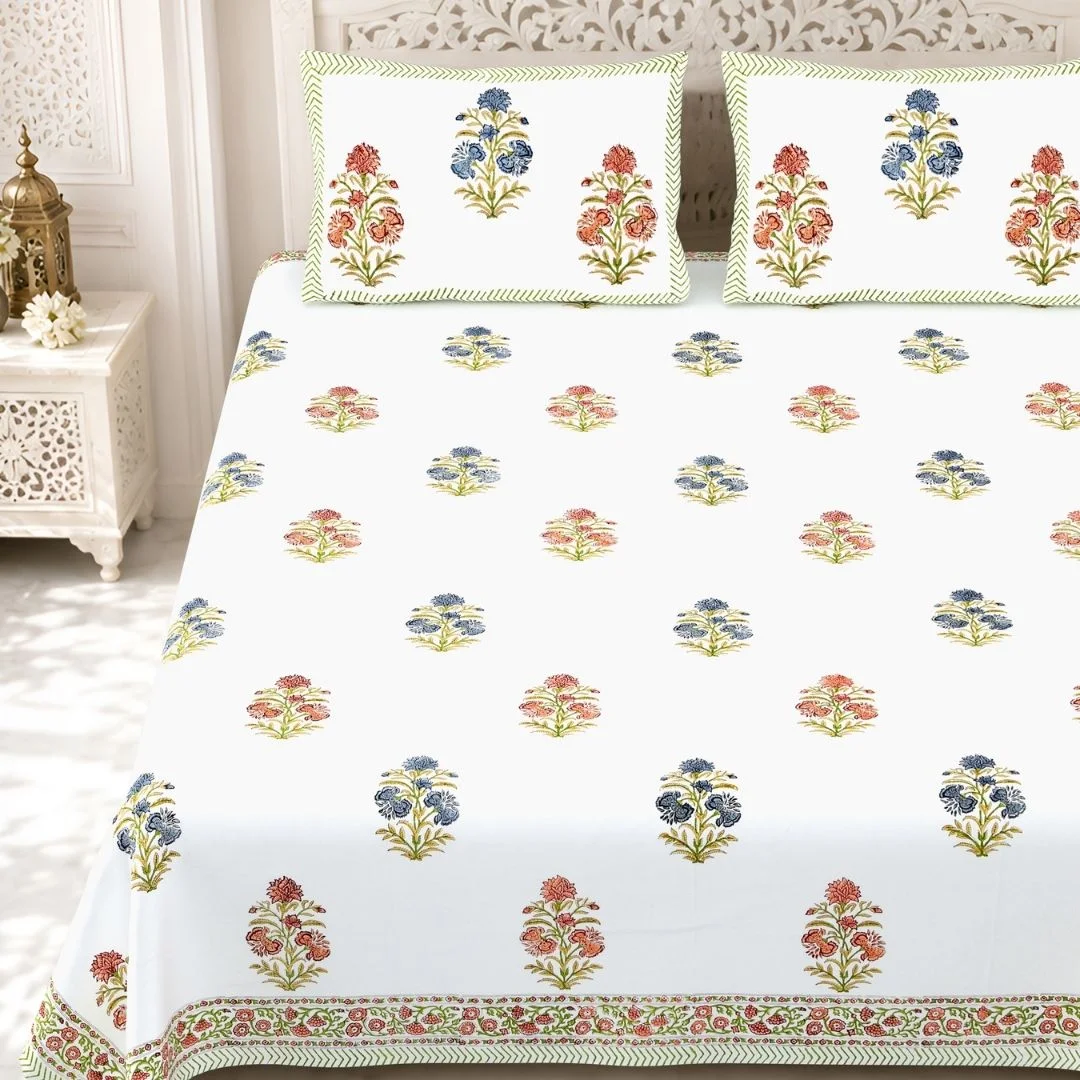 Red And Blue Flower Block Printed Cotton Bedspread-Jaipur Wholesaler