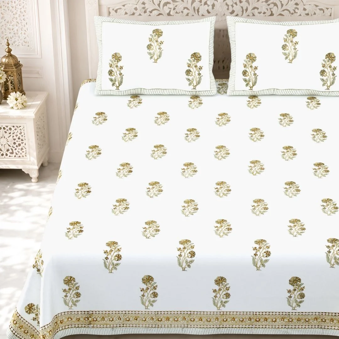 Big Golden Flower Block Printed Pure Cotton Bedsheet-Jaipur Wholesaler
