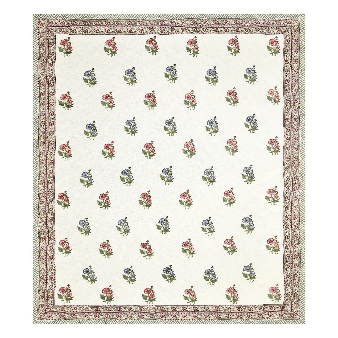 Blue And Red Flower Hand Block Printed Cotton Bedcover-Jaipur Wholesaler