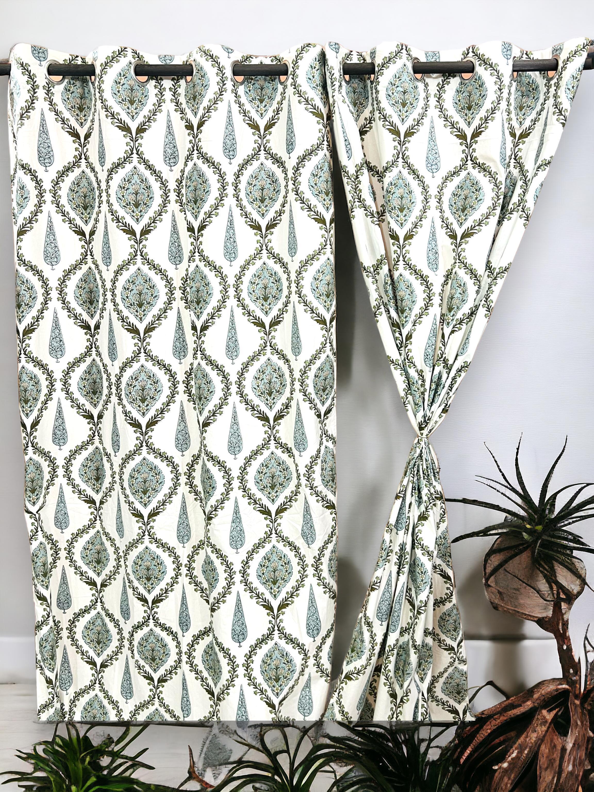 Green Printed White Curtains-Jaipur Wholesaler