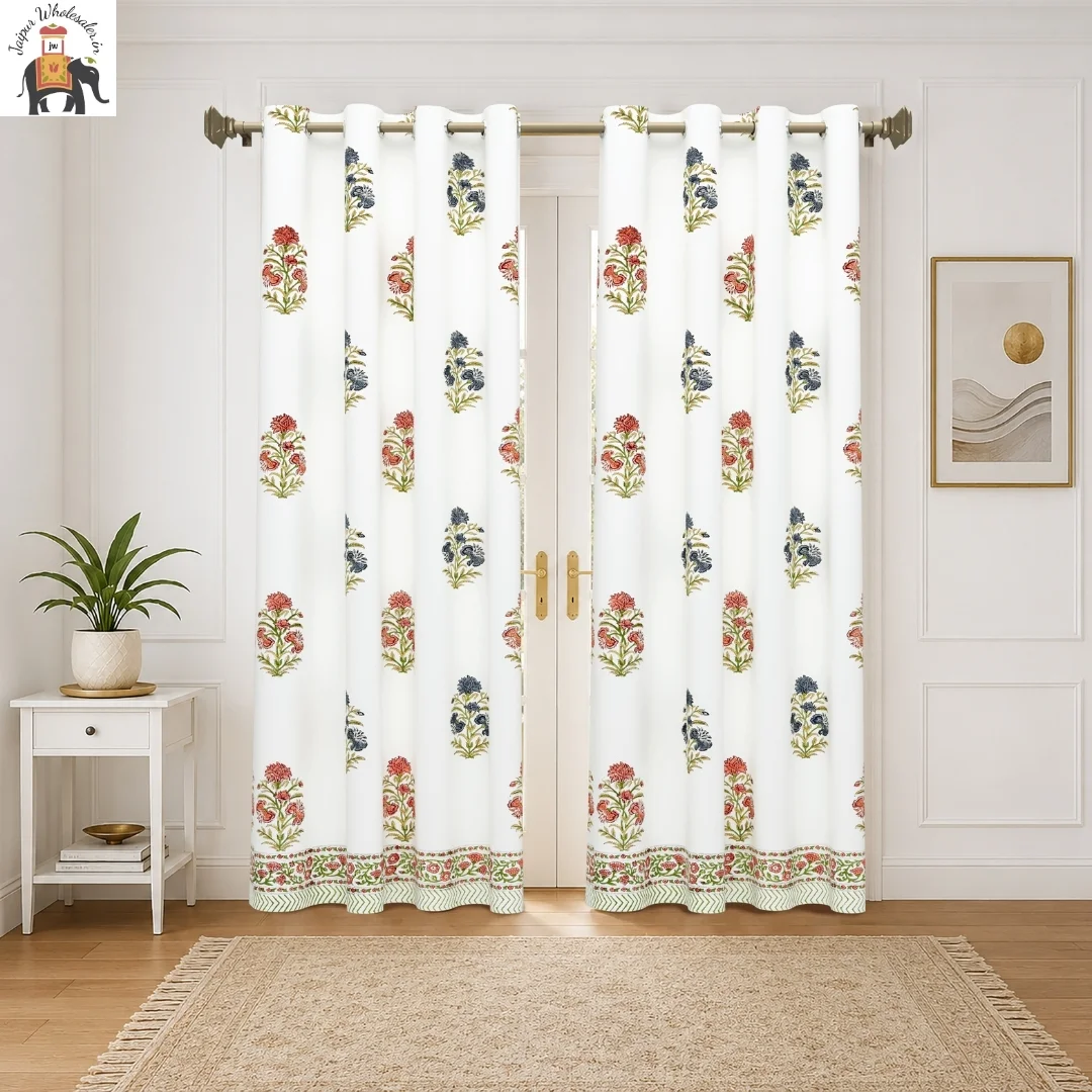 Multicolor Floral Hand Block Print Cotton Curtains-Jaipur Wholesaler