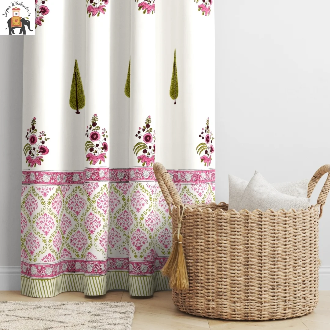 Pink Floral Hand Block Print Cotton Curtains-Jaipur Wholesaler