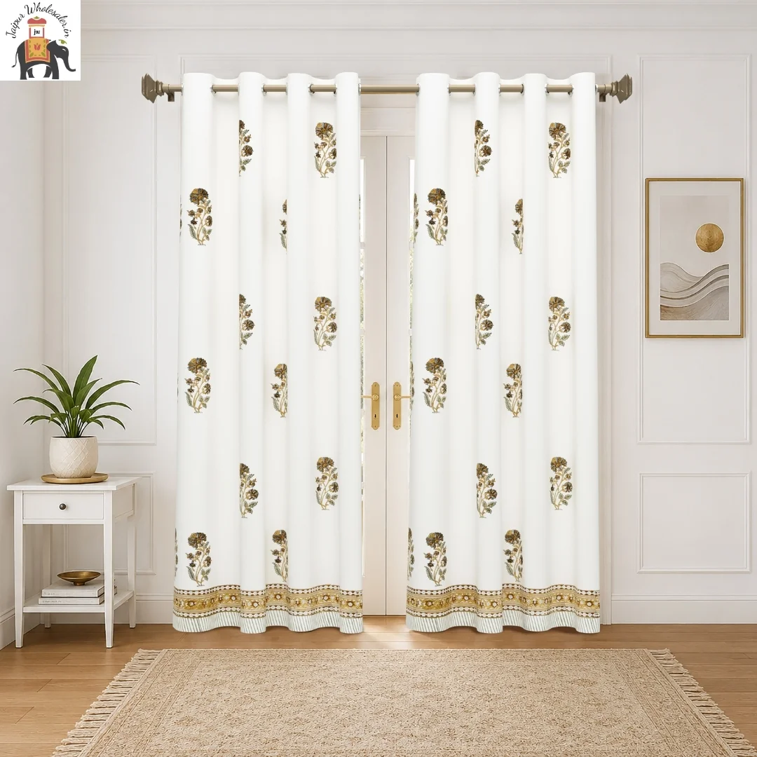 Brown Floral Hand Block Print Cotton Curtains-Jaipur Wholesaler