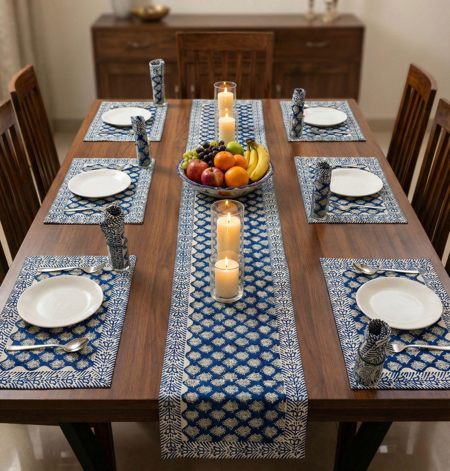 Dark Blue Printed White Table Runner Set-Jaipur Wholesaler