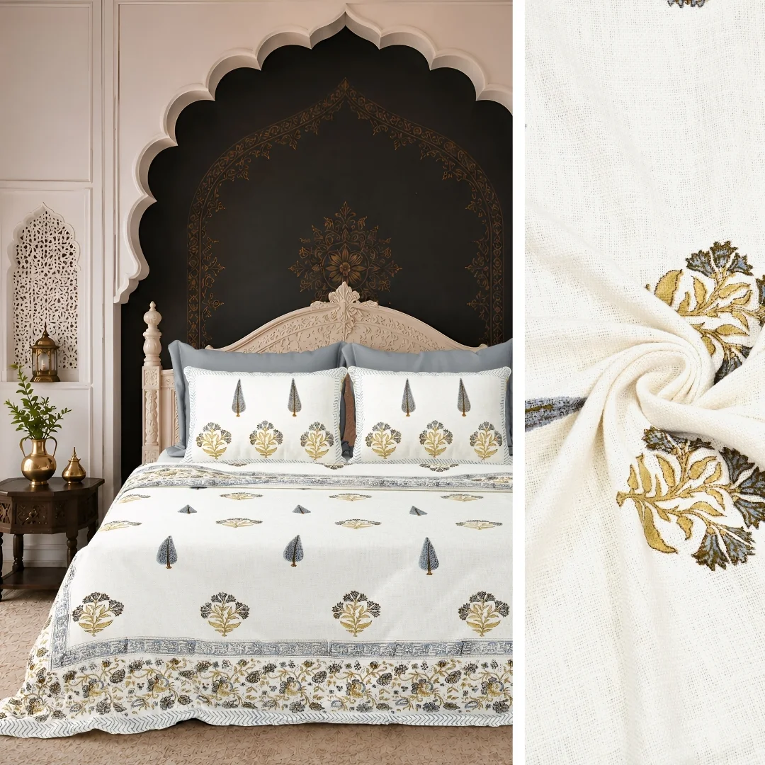 Blue Golden Floral Hand Block Printed Cotton Bedcover-Jaipur Wholesaler