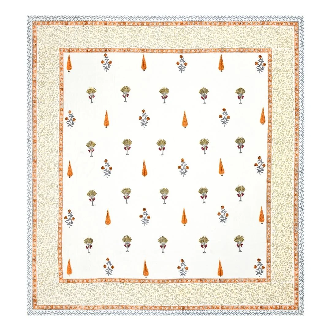 Orange Floral Hand Block Design Cotton Bedsheet-Jaipur Wholesaler