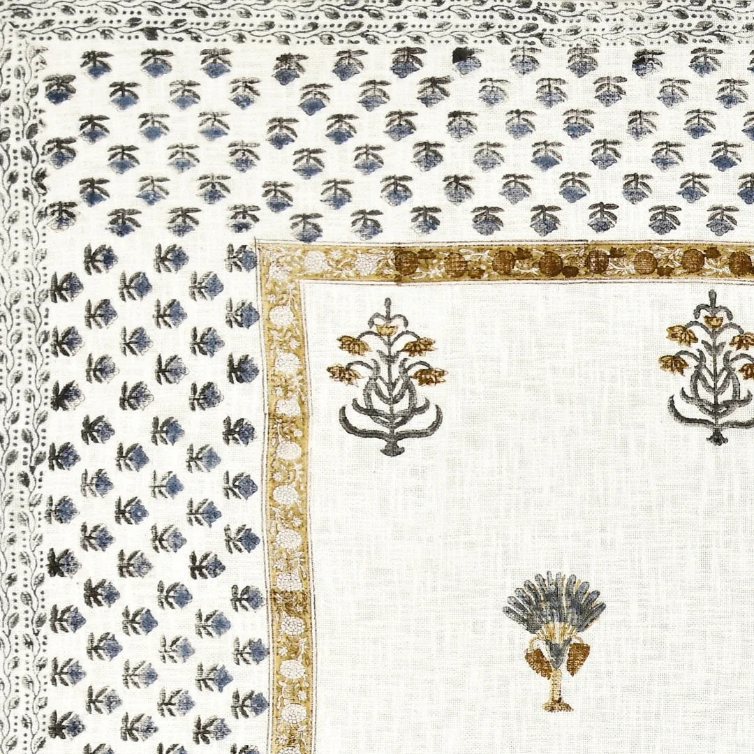 Golden And Blue Flower Block Printed Cotton Table Cover-Jaipur Wholesaler
