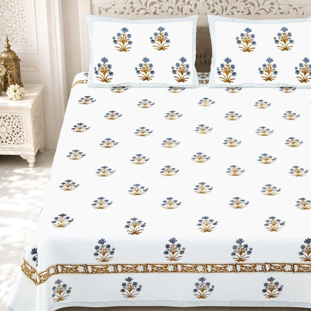Royal Blue Flower Block Printed Cotton Bedsheet-Jaipur Wholesaler