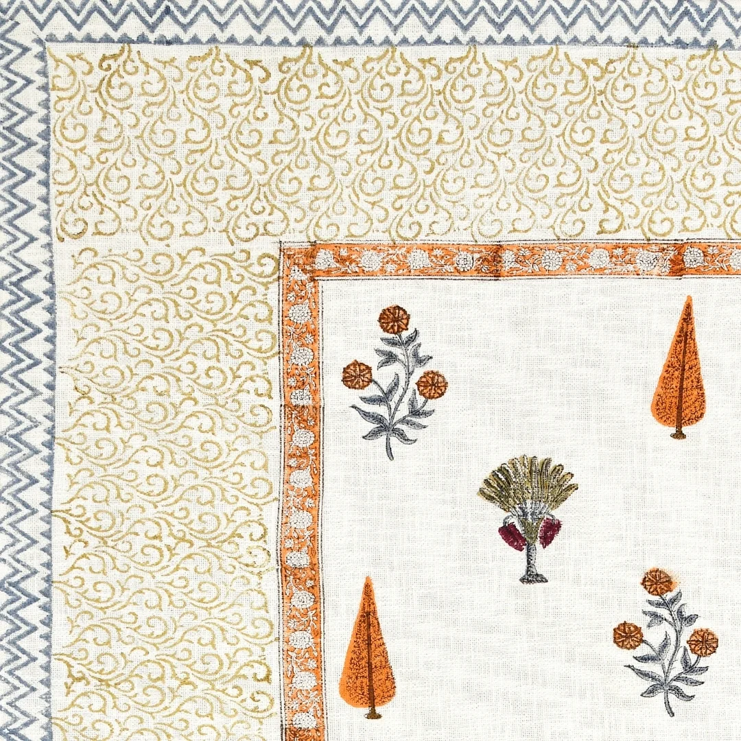 Orange Flower Hand Block Printed Cotton Table Cover-Jaipur Wholesaler