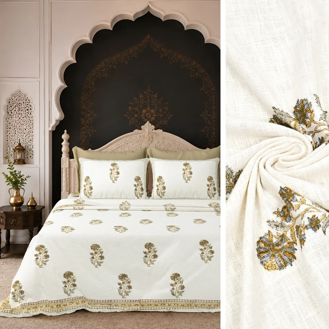 Brown Floral Hand Block Printed Cotton Double Bedcover-Jaipur Wholesaler