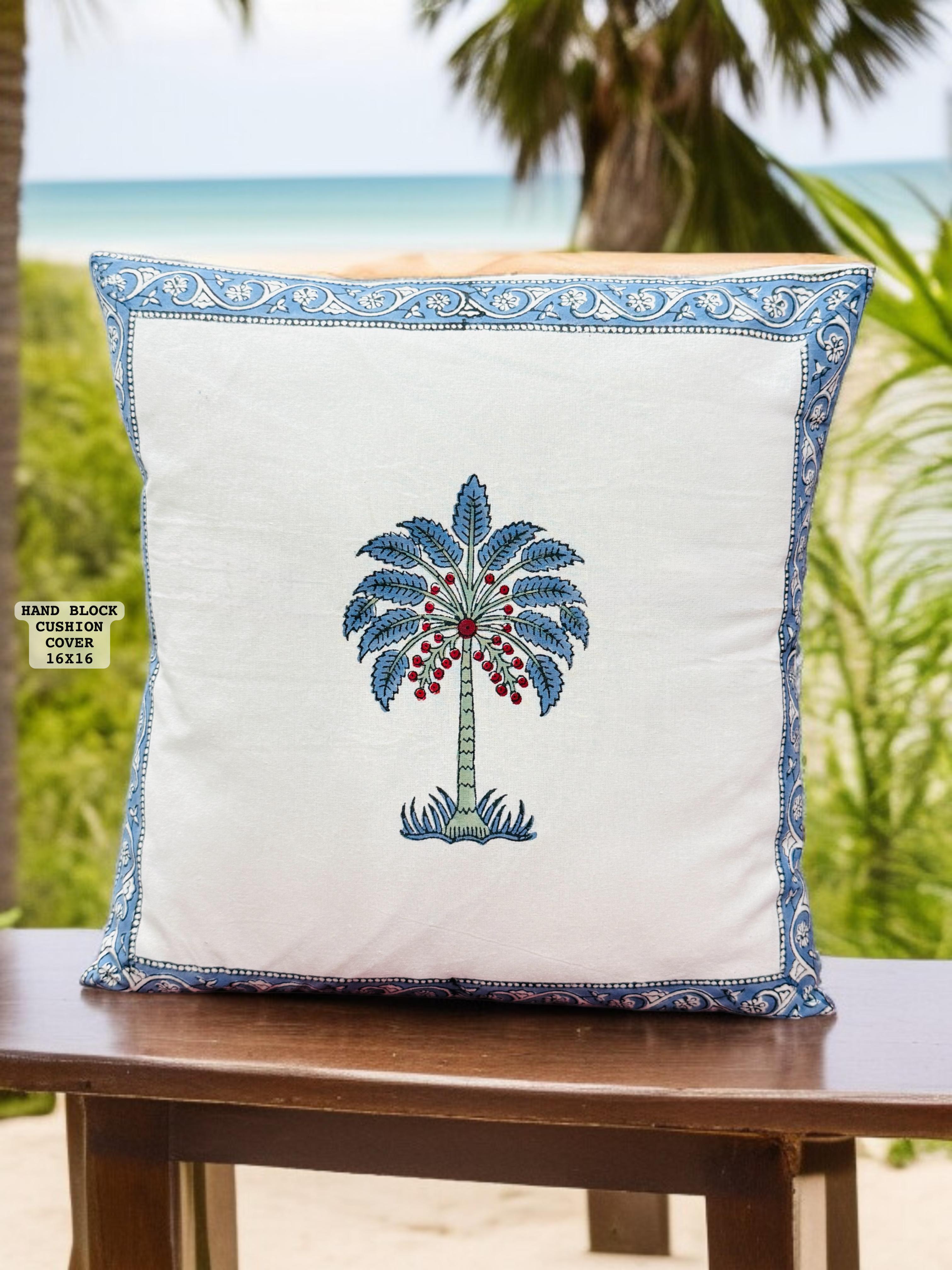 Blue Coconut Tree Printed Cushion Cover-Jaipur Wholesaler