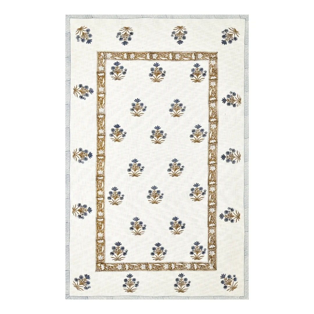 Blue Flower Block Printed Cotton Table Cover-Jaipur Wholesaler