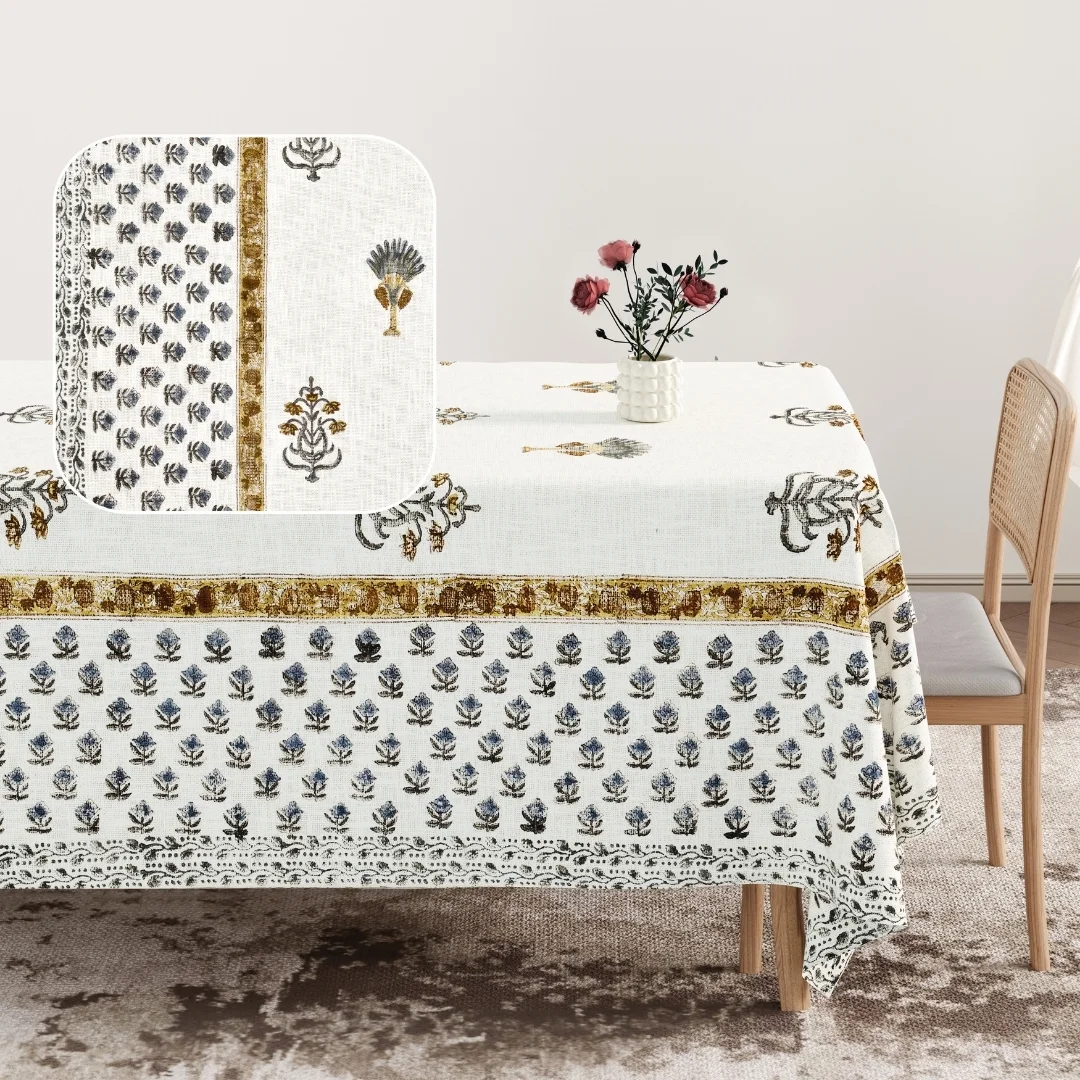 Golden And Blue Flower Block Printed Cotton Table Cover-Jaipur Wholesaler