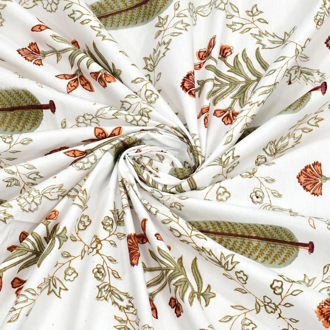 Green And Orange Floral Hand Block Print Cotton Bedsheet-Jaipur Wholesaler