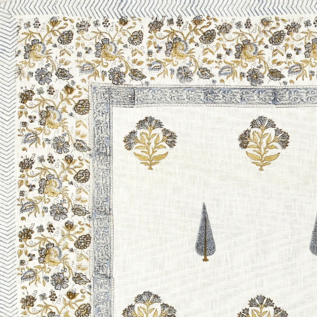 Blue Flower Hand Block Printed Cotton Table Cover-Jaipur Wholesaler