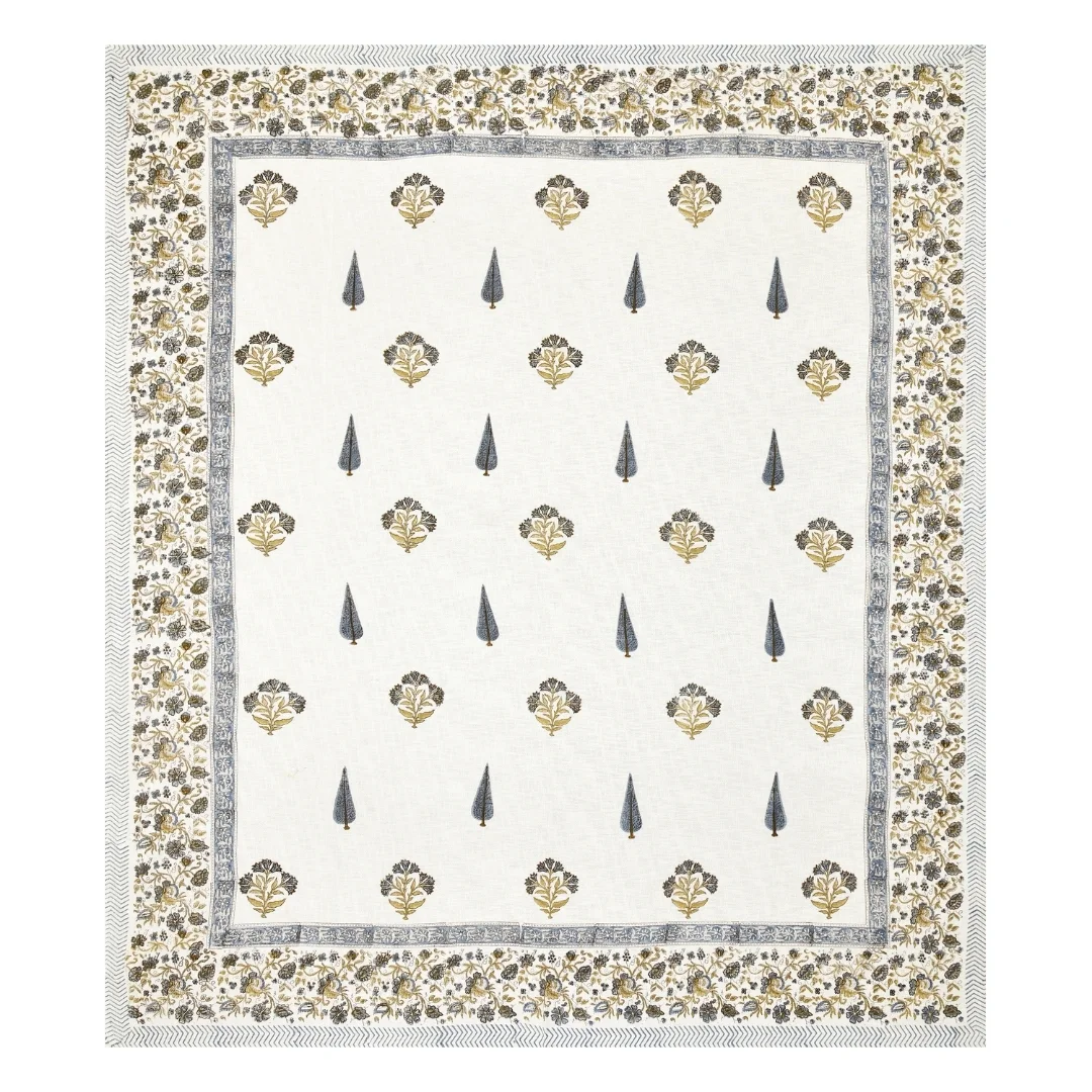 Blue Golden Floral Hand Block Printed Cotton Bedcover-Jaipur Wholesaler