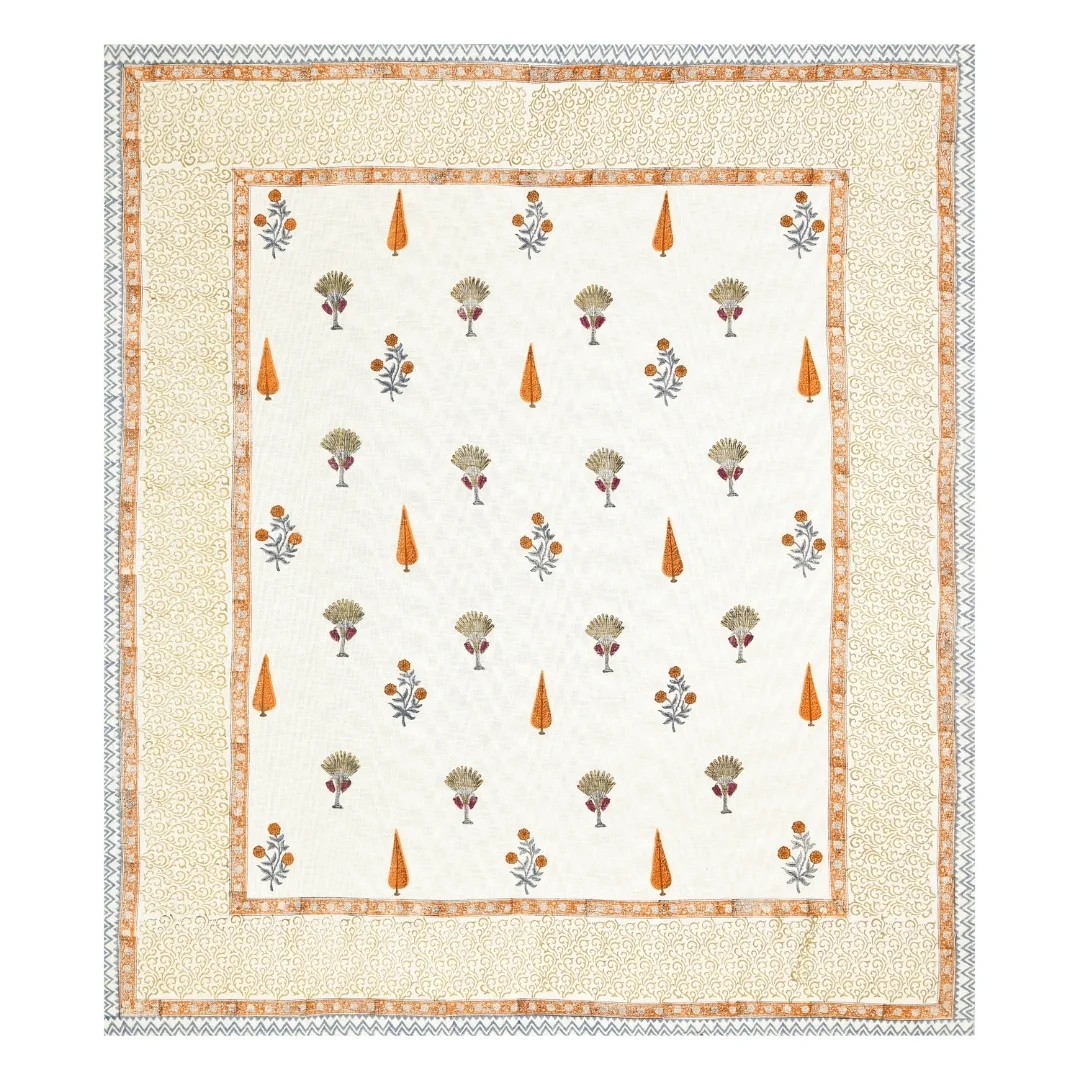 Orange Flower Hand Block Printed Cotton Bedcover-Jaipur Wholesaler