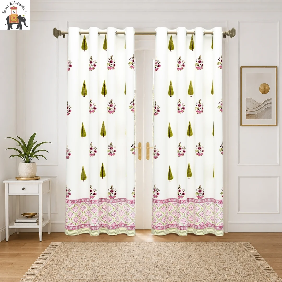 Pink Floral Hand Block Print Cotton Curtains-Jaipur Wholesaler