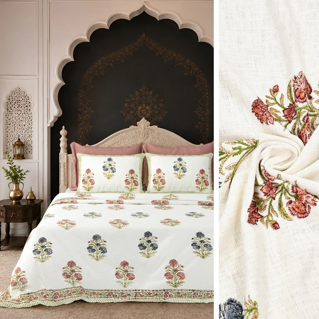 Red And Blue Flower Hand Block Printed Cotton Bed Cover-Jaipur Wholesaler
