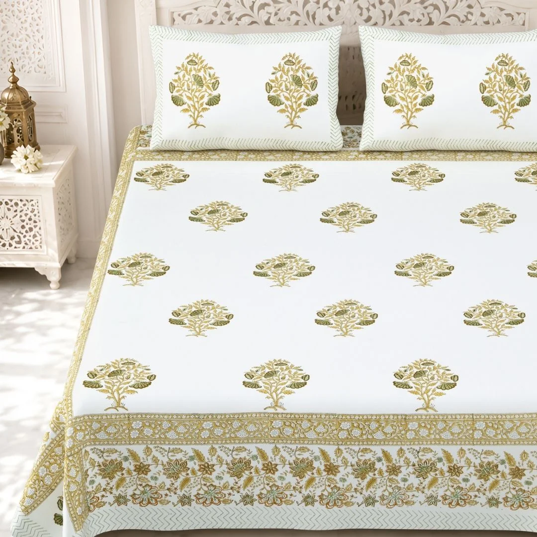 Golden Flower Hand Block Printed Cotton Bedsheet-Jaipur Wholesaler
