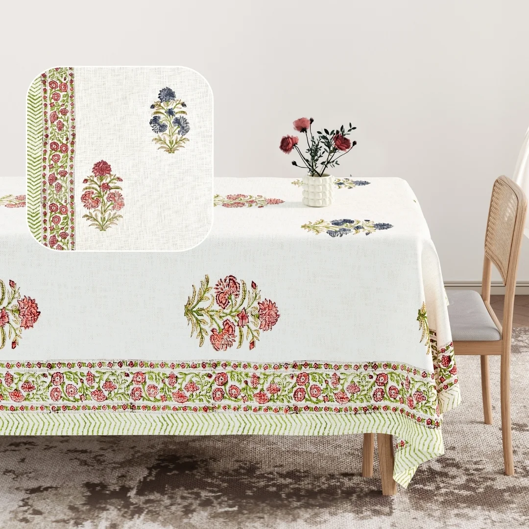 Pink Blue Flower Hand Block Printed Cotton Table Cover-Jaipur Wholesaler