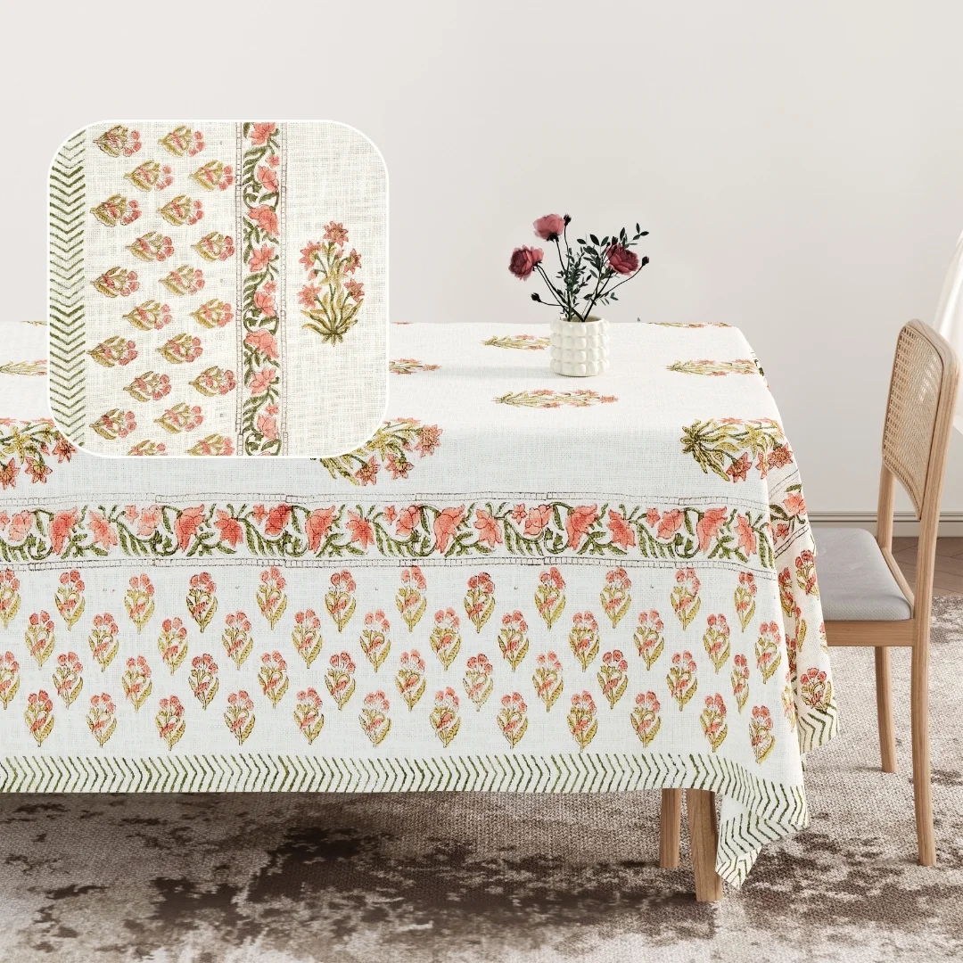 Peach Flower Block Printed Cotton Table Cover-Jaipur Wholesaler