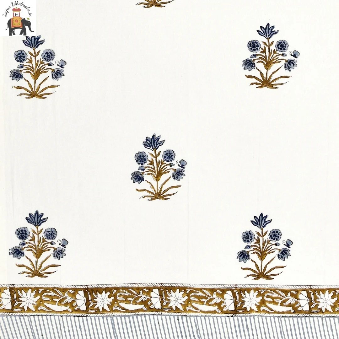 Blue Floral Hand Block Print Cotton Curtains-Jaipur Wholesaler