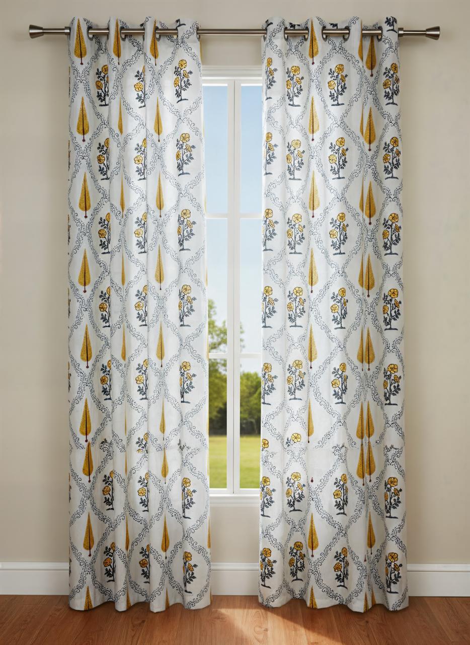 Mustard Printed White Curtains-Jaipur Wholesaler