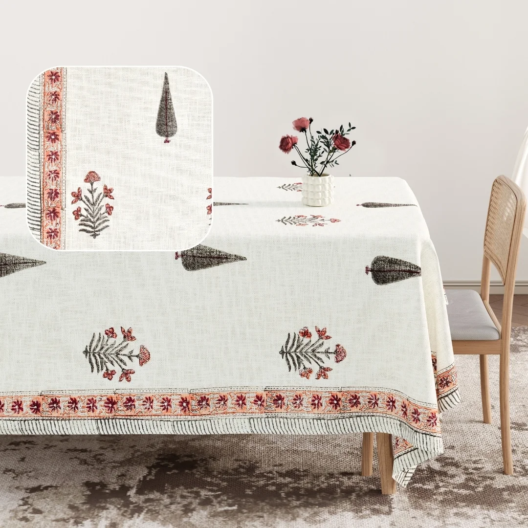 Red Flower Hand Block Printed Cotton Table Cover-Jaipur Wholesaler