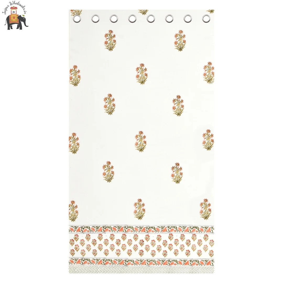 Peach And Green Floral Hand Block Print Cotton Curtains-Jaipur Wholesaler
