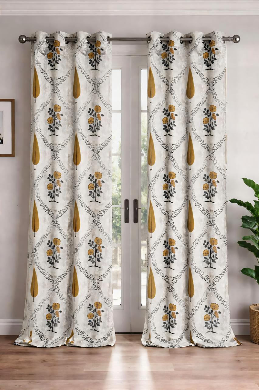 Mustard Printed White Curtains-Jaipur Wholesaler
