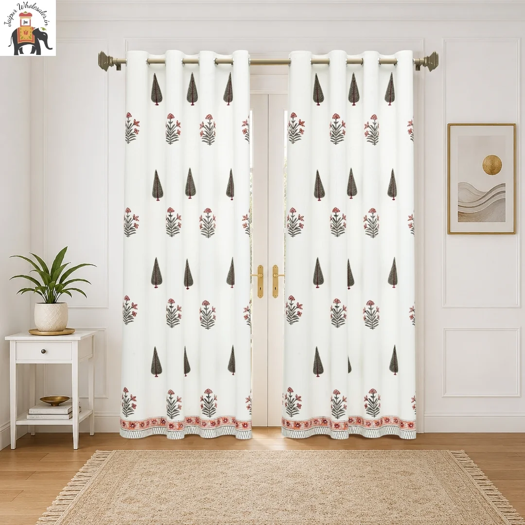 Peach Floral Hand Block Print Cotton Curtains-Jaipur Wholesaler