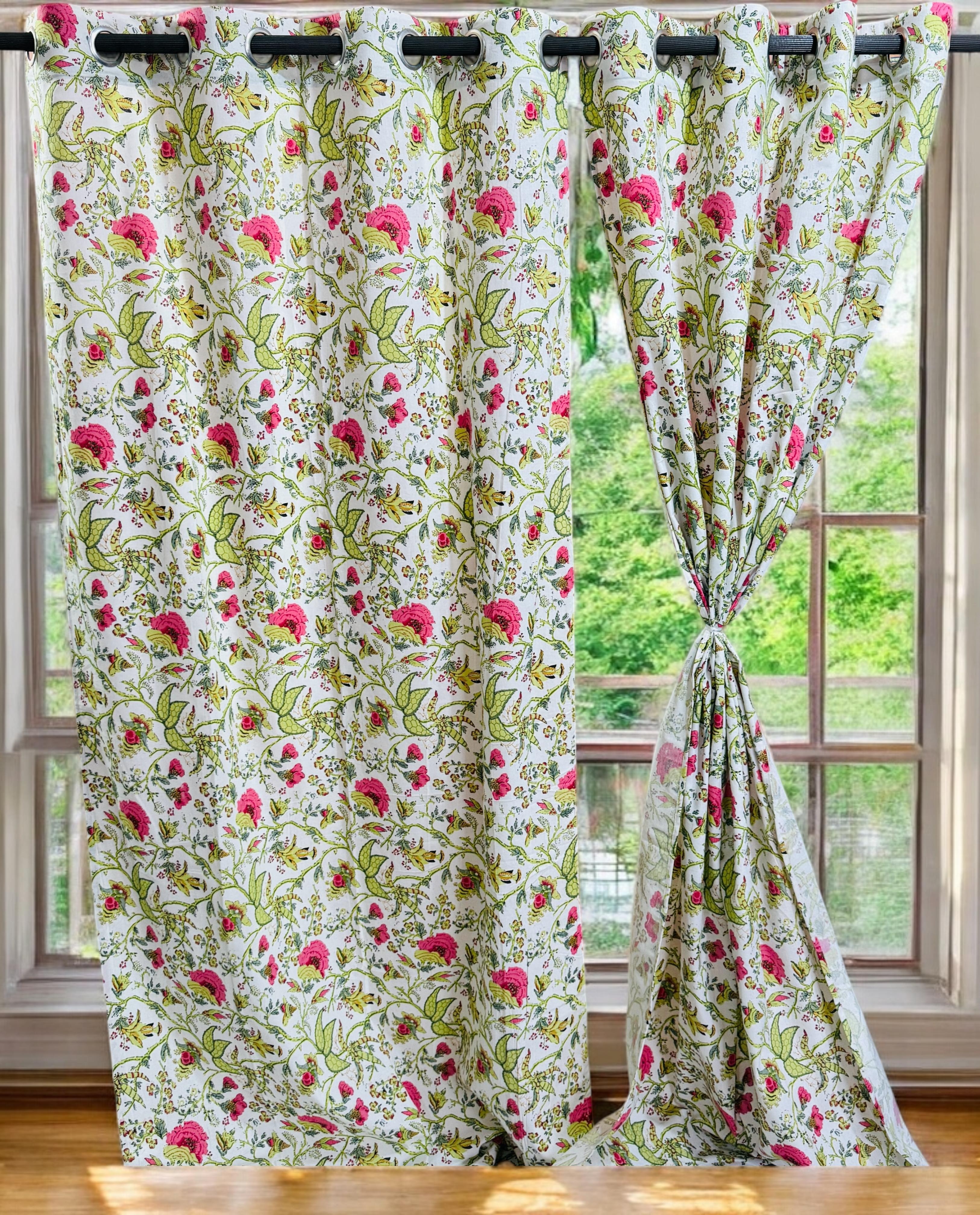 Green and Pink Printed White Curtains-Jaipur Wholesaler