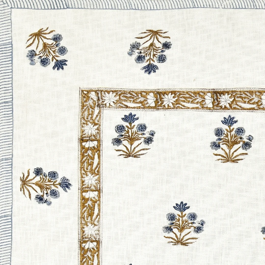 Blue Flower Block Printed Cotton Table Cover-Jaipur Wholesaler