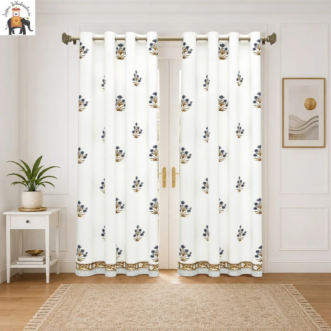Blue Floral Hand Block Print Cotton Curtains-Jaipur Wholesaler