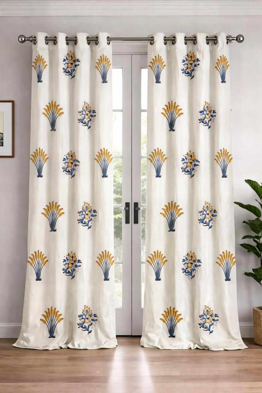 Flower Printed White Curtains-Jaipur Wholesaler