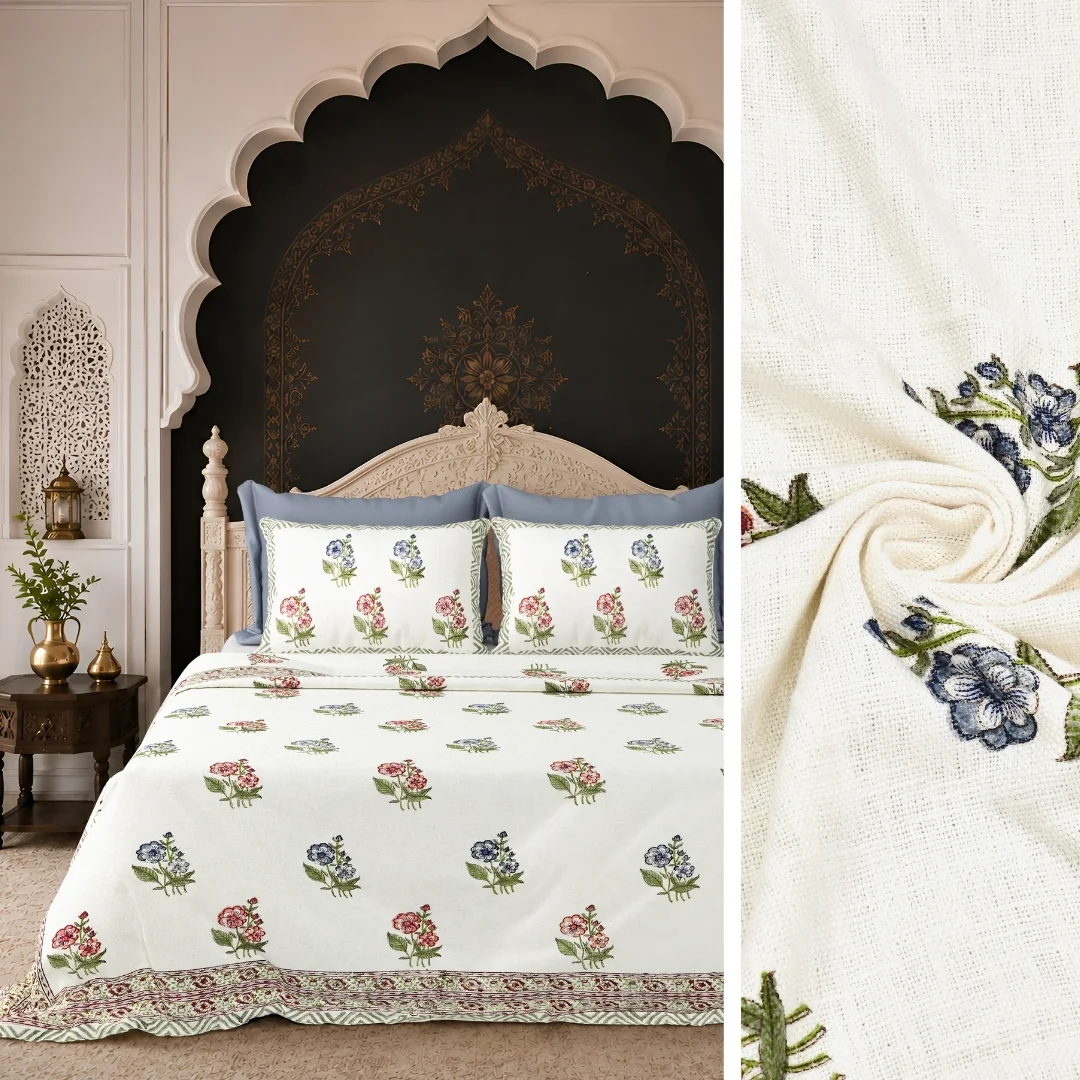 Blue And Red Flower Hand Block Printed Cotton Bedcover-Jaipur Wholesaler
