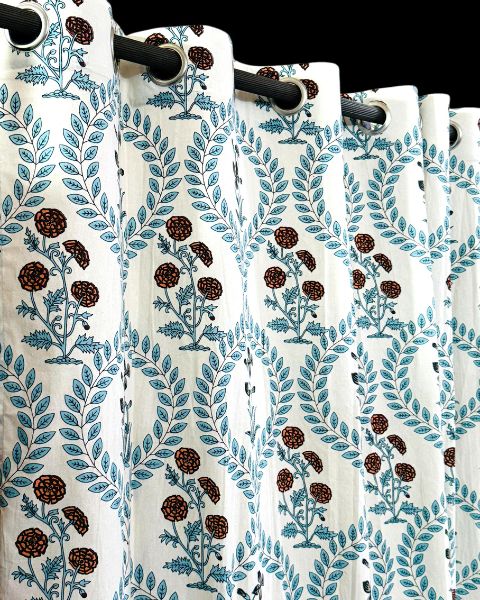 Blue Flower Print White Curtains-Jaipur Wholesaler