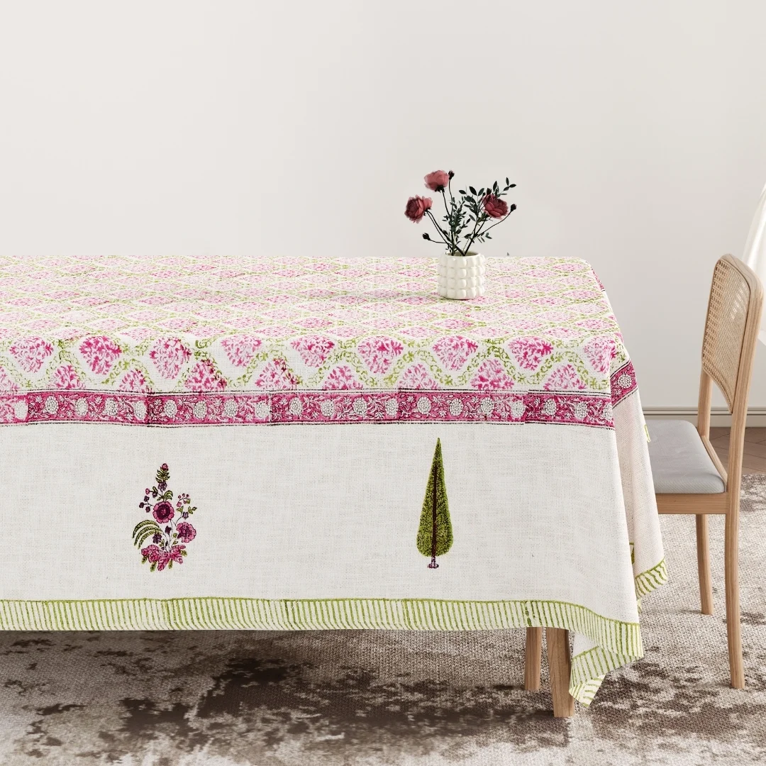 Pink Floral Block Printed Cotton Table Cover-Jaipur Wholesaler