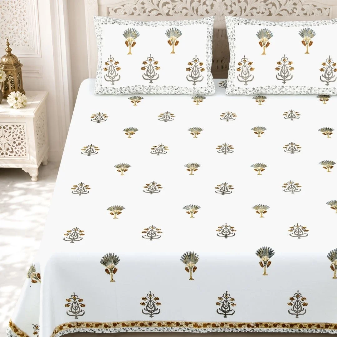 Golden Flower Block Printed Pattern Cotton Bedsheet-Jaipur Wholesaler