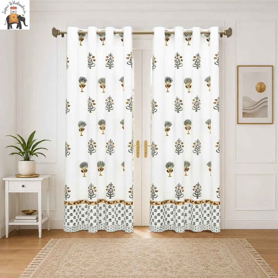 Yellow Floral Hand Block Print Cotton Curtains-Jaipur Wholesaler