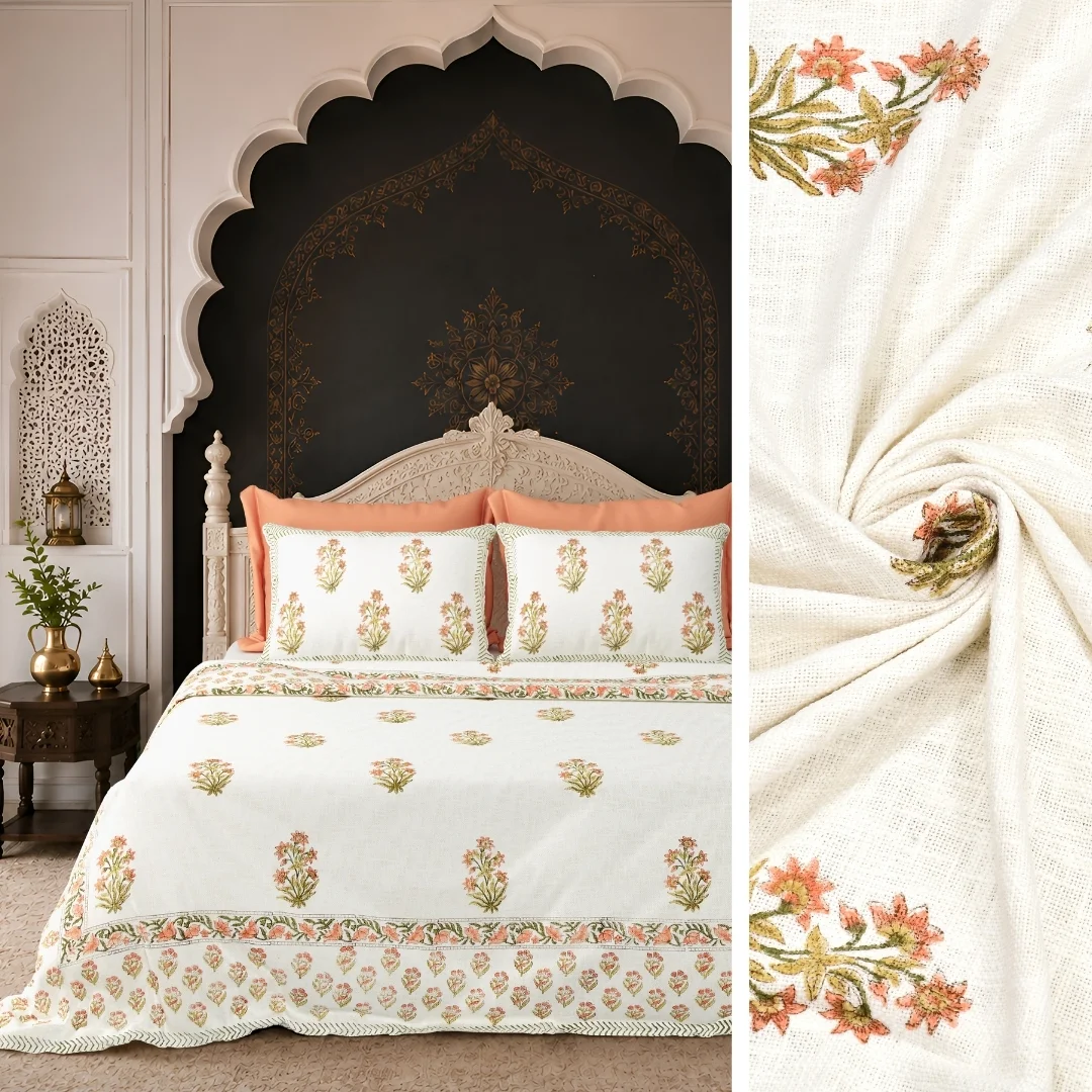 Peach Floral Hand Block Printed Cotton Bed Sheet-Jaipur Wholesaler