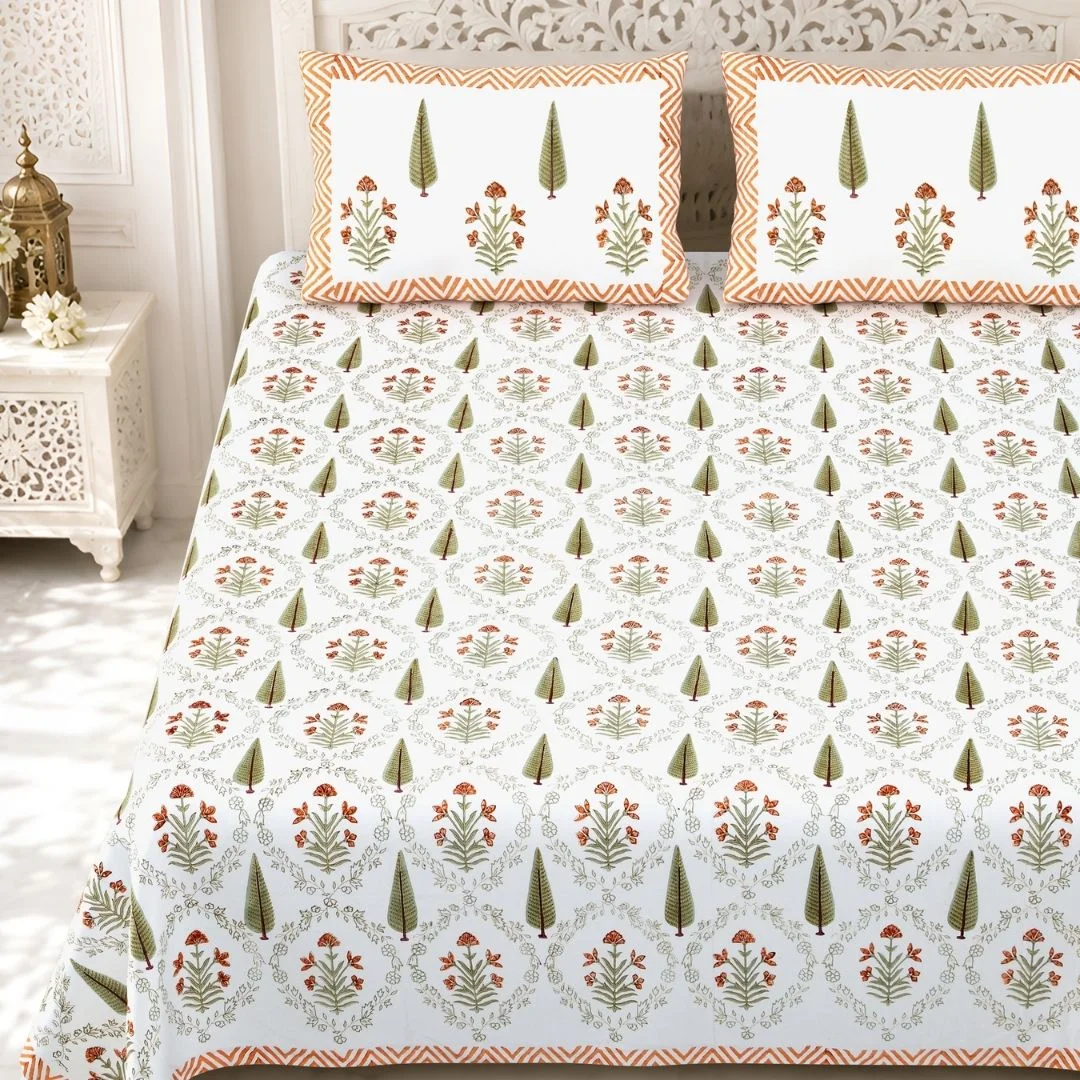 Green And Orange Floral Hand Block Print Cotton Bedsheet-Jaipur Wholesaler