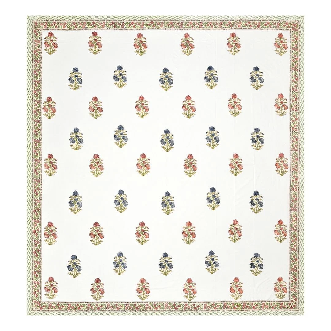 Red And Blue Flower Block Printed Cotton Bedspread-Jaipur Wholesaler