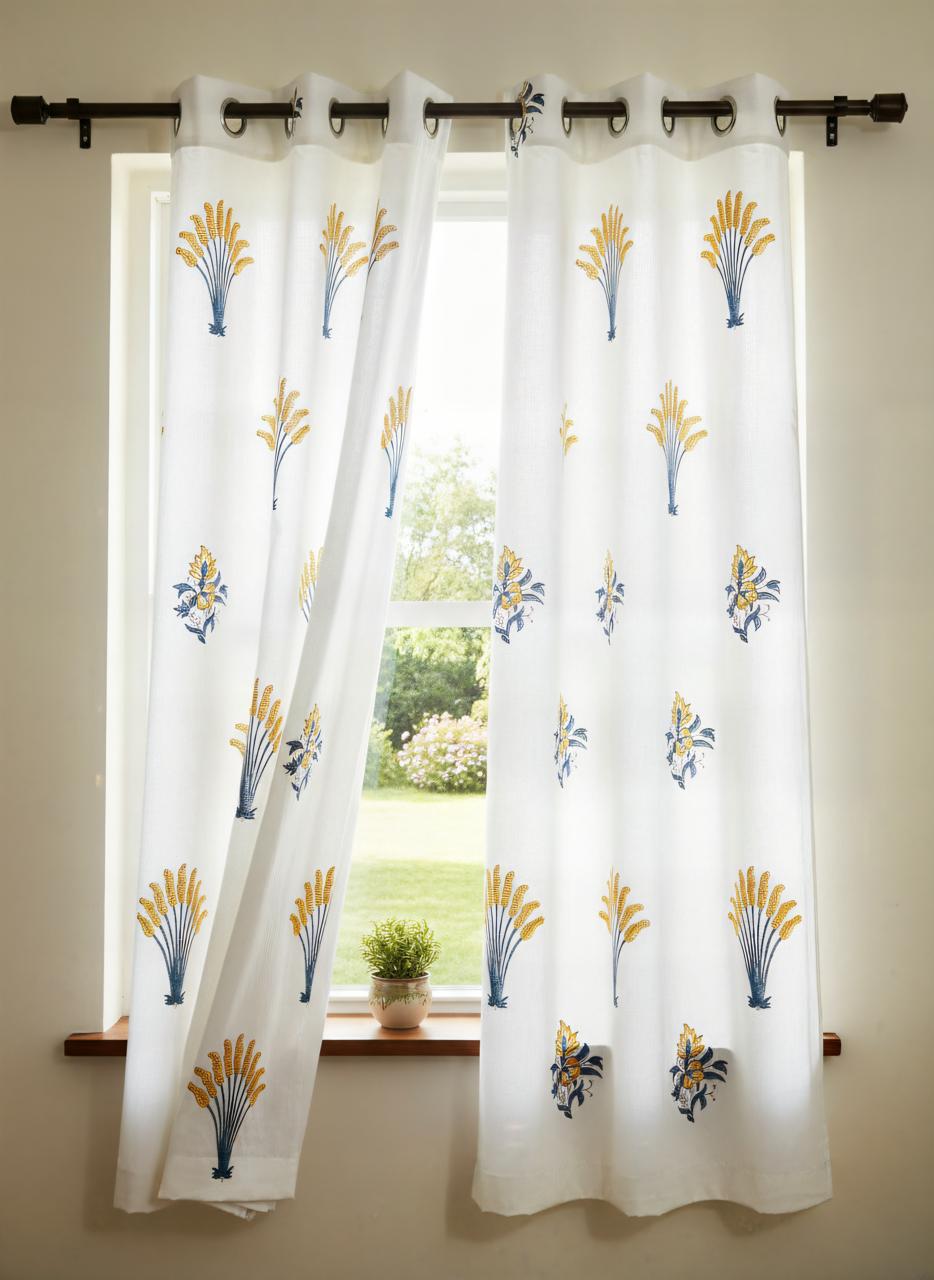 Flower Printed White Curtains-Jaipur Wholesaler