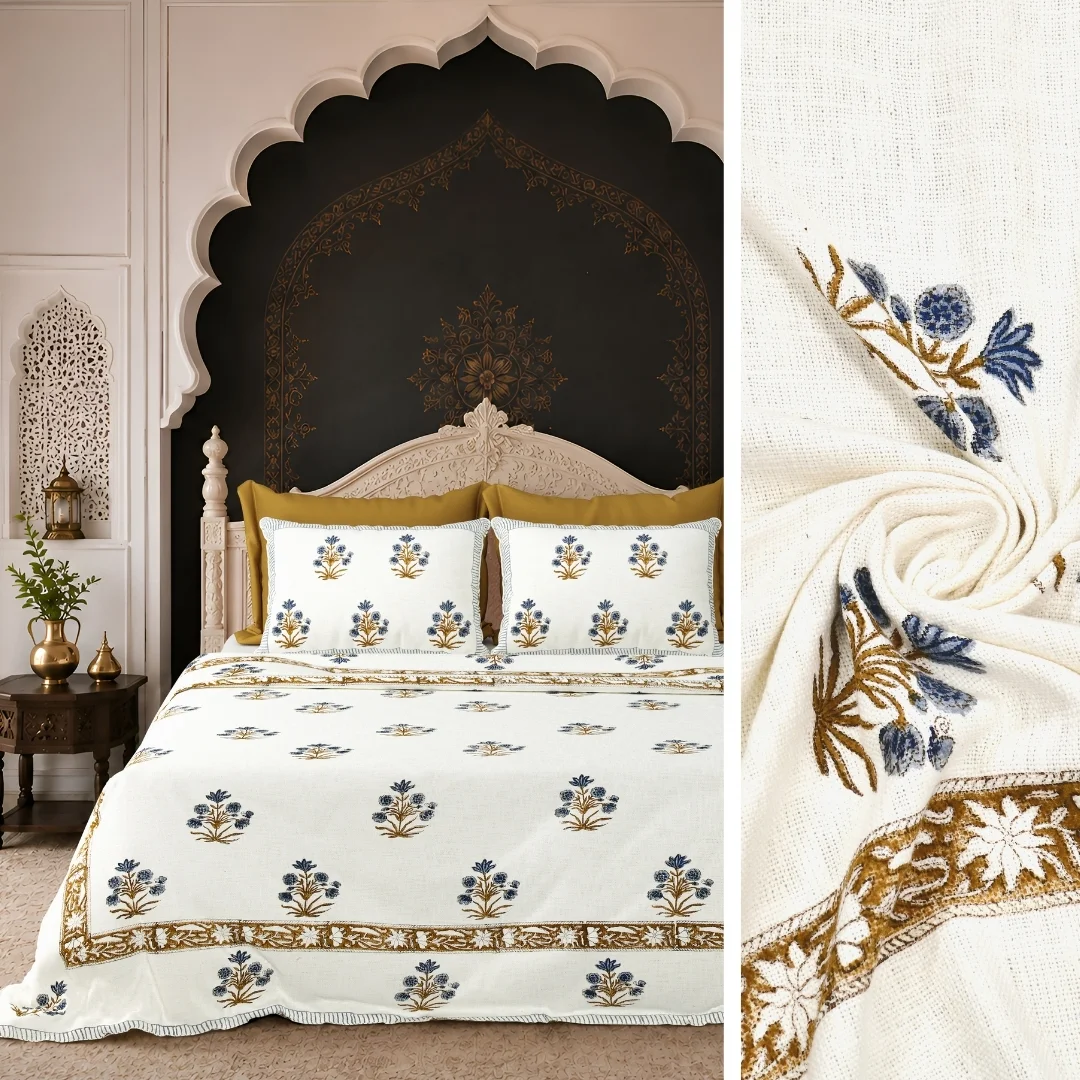 Blue Floral Hand Block Printed Cotton Bedcover-Jaipur Wholesaler